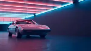 80s Sports Car Parked Under Neon Lights