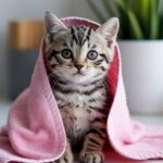 Adorable Wet Kitten Snuggled in Soft Towel
