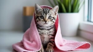 Adorable Wet Kitten Snuggled in Soft Towel