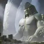 Ancient Guardian Stone Statue in Mist