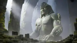 Ancient Guardian Stone Statue in Mist