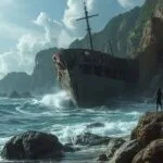 Ancient Wooden Shipwreck Cliffside Rocks