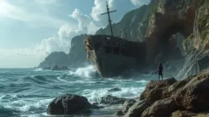 Ancient Wooden Shipwreck Cliffside Rocks