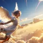 Angel Girl Ascending Through Radiant Sky