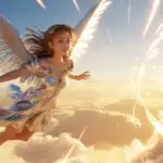 Angel Girl Floating In Golden Sky