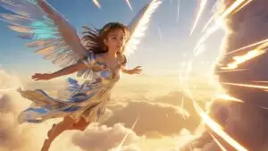 Angel Girl Floating In Golden Sky