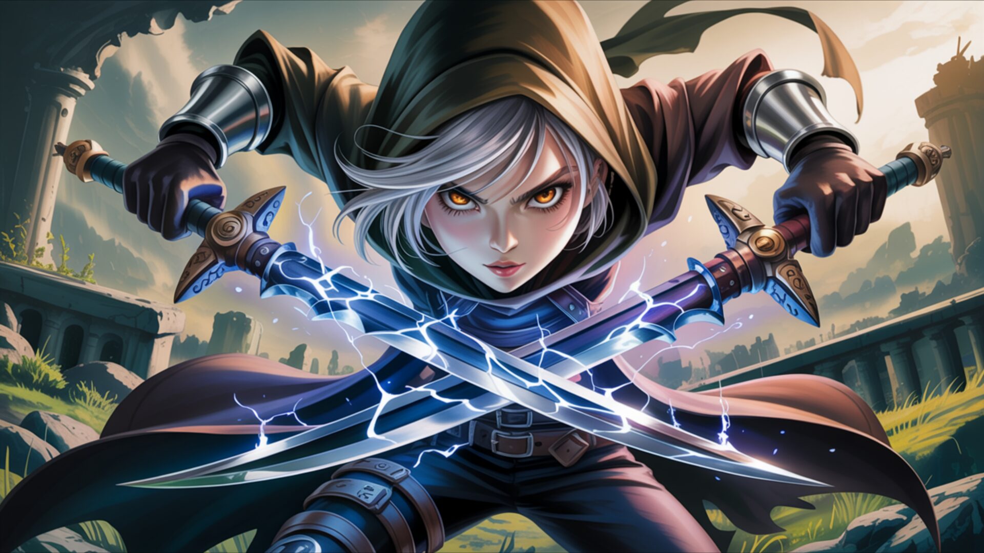 anime dagger girl: the silent blade wallpaper, anime & games fantasy, agile stance, anime, assassin, daggers, fantasy, rogue girl, silent blade, desktop, mobile, background
