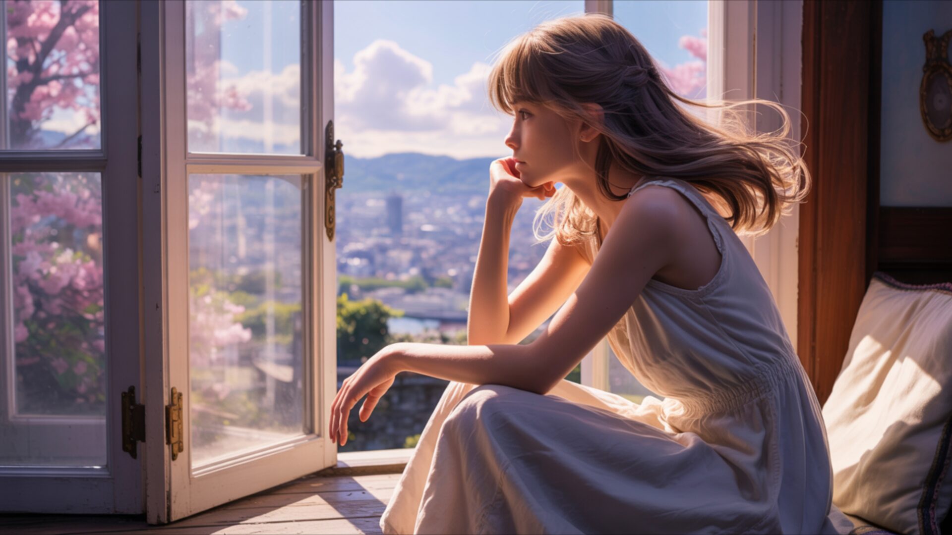 anime girl holding mug window view day wallpaper, anime, anime girl looking out, cozy window seat, cup of tea reflection, daylight soft glow, morning coffee aesthetic, peaceful moment art, simple background anime, desktop, mobile, background