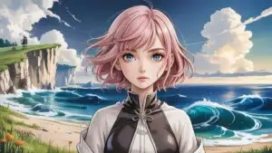 Anime Girl on Coastal Breeze Cliff