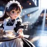 Anime Maid Girl Carrying Tea in Sunlit Restaurant