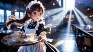 Anime Maid Girl Carrying Tea in Sunlit Restaurant