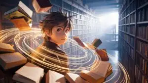 Arcane Library Wizard Boy With Floating Magic Books