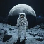 Astronaut Standing on Rocky Surface Under Large Moon