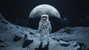 Astronaut Standing on Rocky Surface Under Large Moon
