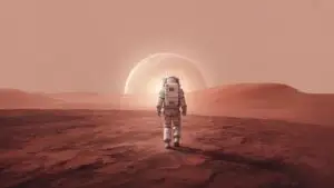 Astronaut Walking Toward Bright Horizon on Mars