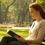 Attractive Woman Reading a Book in a Park Bench
