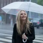 Attractive Woman Soft Rain Umbrella Street Light Scene