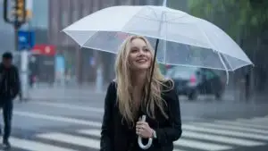 Attractive Woman Soft Rain Umbrella Street Light Scene