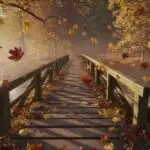 Autumn Wind Blowing Leaves on Wooden Bridge