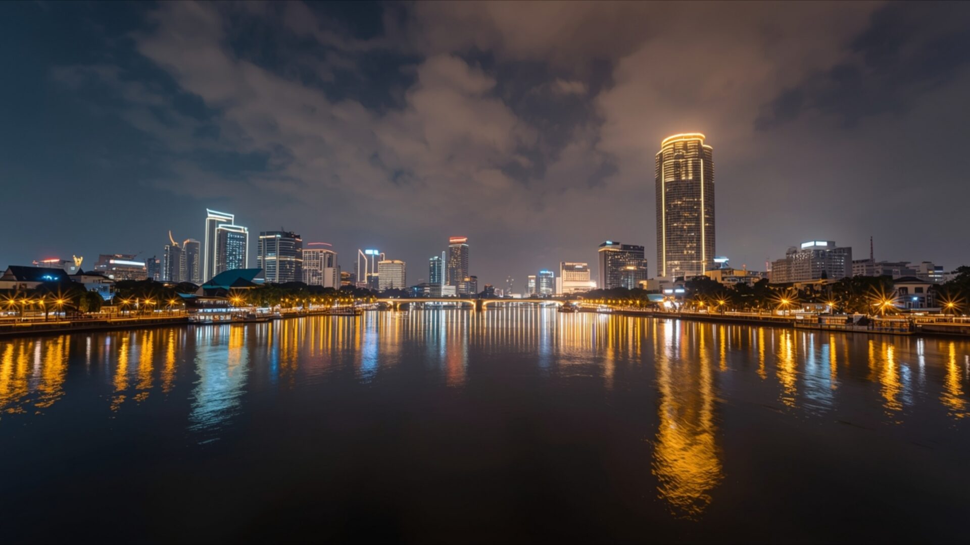 bangkok nocturne glowing river surface view wallpaper, cities & architecture, bangkok, chao phraya river, city lights, evening vista, glowing surface, nightscape, reflections, desktop, mobile, background