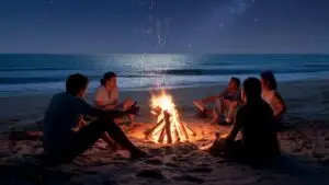 Beach Bonfire at Night With Friends Silhouettes