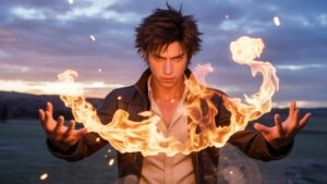 Blazing Anime Youth Conjuring Fiery Vortex