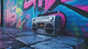 Boom Box on Concrete Floor With Graffiti Wall