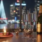 Bright Scene: Night Celebration with Champagne and City Glow
