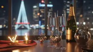 Bright Scene: Night Celebration with Champagne and City Glow