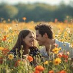 Bright Sunlight Couple Laughing Romantic Flower Field