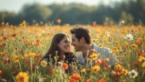 Bright Sunlight Couple Laughing Romantic Flower Field