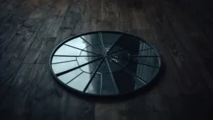 Broken Mirror on Wooden Floor