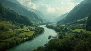 Calm River Flowing Through Green Valley
