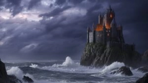 Castle on Cliff Above Stormy Sea
