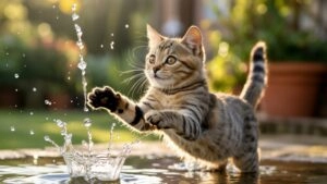 Cat Playing with Water Droplets