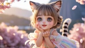Cheerful Neko Girl Tail Swish Cute Smile