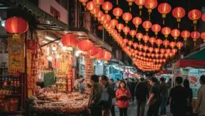 Chinese New Year Lanterns Hanging Over Market