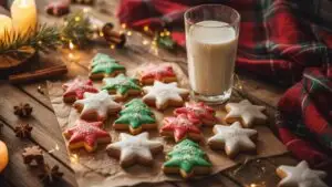 Christmas Cookies on Wooden Table With Milk Glass