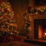 Christmas Tree Near Fireplace With Soft Golden Lights