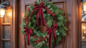 Christmas Wreath Door Pine Ribbons Home