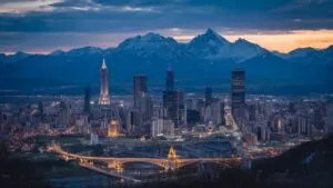 City Skyline View Mountain Backdrop Night