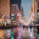 City Street Decorated With Christmas Lights