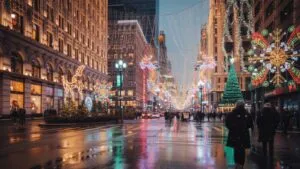 City Street Decorated With Christmas Lights