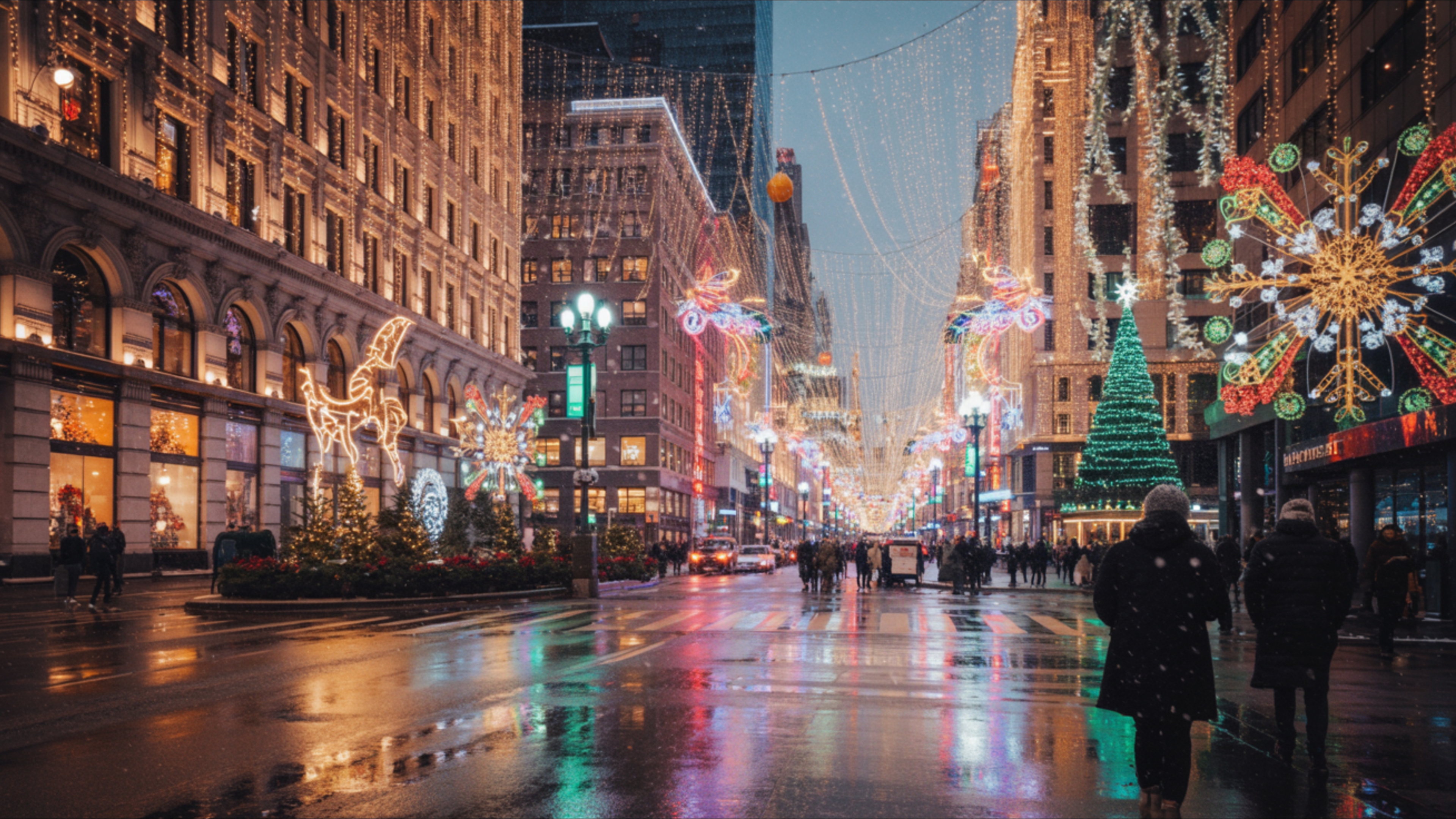 🎉️ City Street Decorated With Christmas Lights 4K Wallpaper