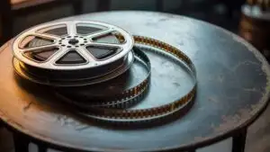 Classic Movie Reel on Rustic Tabletop Setting