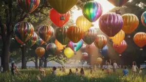 Colorful Festival Balloons Floating in Summer Park