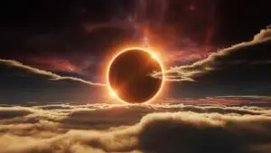 Cosmic Shadow: Dramatic Solar Eclipse Over Cloudy Horizon
