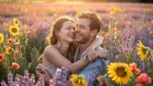Couple Laughing Together in a Field of Flowers