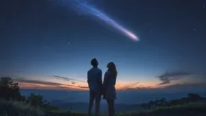 Couple Looking Upwards Comet Shower Night Sky