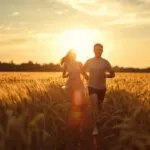 Couple Running Through Wheat Field Summer Joy